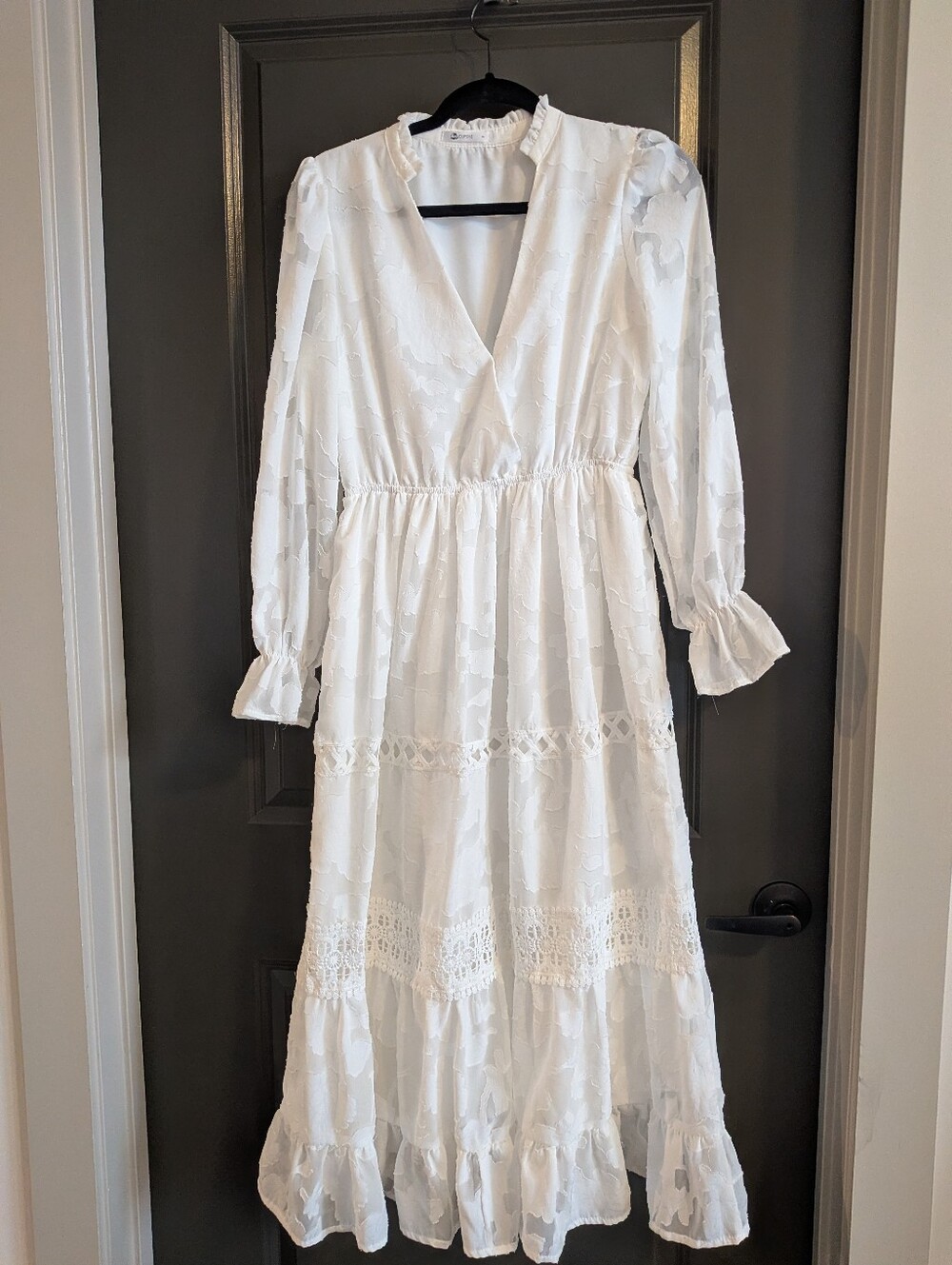 Cupshe White Long Sleeve Midi Dress with Lace Trim Bridal